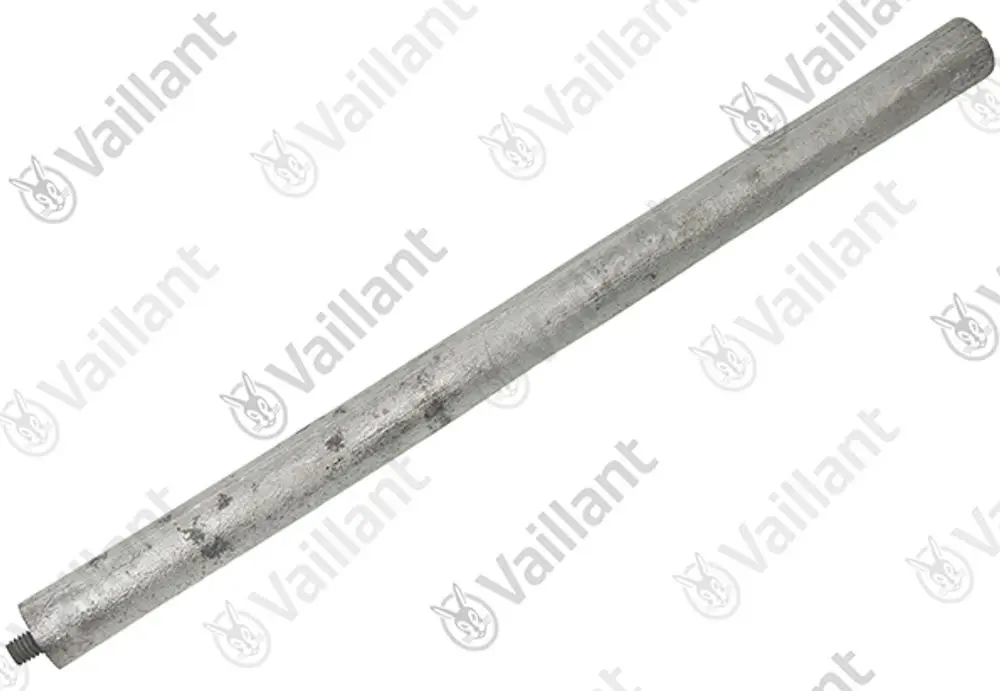 Metallstab mit Gewinde, vermutlich eine Anode, auf weißem Hintergrund mit dem Markennamen "Vaillant" sichtbar.